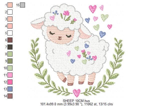 Frame with Sheep embroidery design - Lamb with hearts and laurel wreath machine embroidery pattern - Baby girl file - Instant download pes