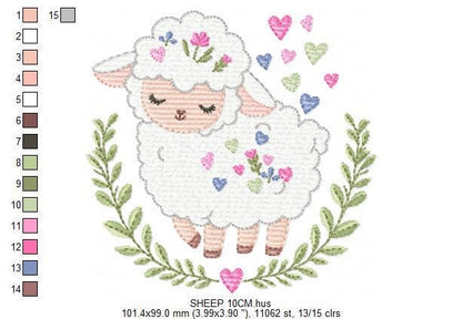 Frame with Sheep embroidery design - Lamb with hearts and laurel wreath machine embroidery pattern - Baby girl file - Instant download pes
