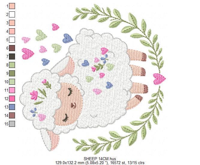 Frame with Sheep embroidery design - Lamb with hearts and laurel wreath machine embroidery pattern - Baby girl file - Instant download pes