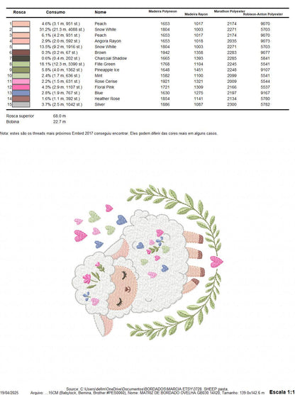 Frame with Sheep embroidery design - Lamb with hearts and laurel wreath machine embroidery pattern - Baby girl file - Instant download pes
