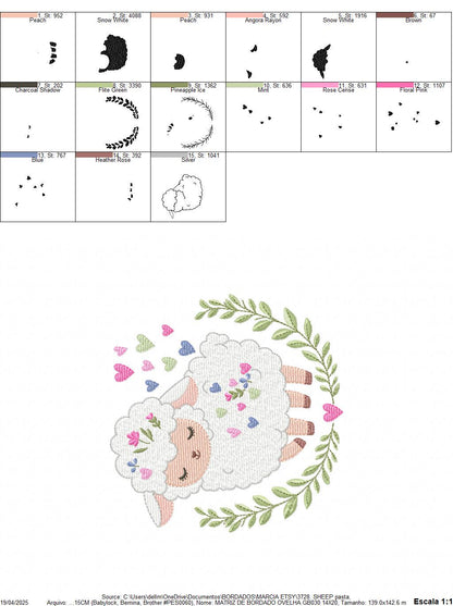Frame with Sheep embroidery design - Lamb with hearts and laurel wreath machine embroidery pattern - Baby girl file - Instant download pes
