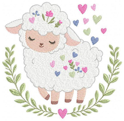 Frame with Sheep embroidery design - Lamb with hearts and laurel wreath machine embroidery pattern - Baby girl file - Instant download pes