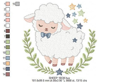 Male Sheep embroidery design - Lamb with stars and laurel frame machine embroidery pattern - Newborn Baby boy file - Instant download pes