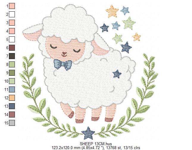 Male Sheep embroidery design - Lamb with stars and laurel frame machine embroidery pattern - Newborn Baby boy file - Instant download pes