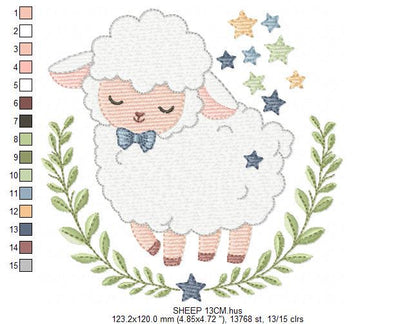 Male Sheep embroidery design - Lamb with stars and laurel frame machine embroidery pattern - Newborn Baby boy file - Instant download pes