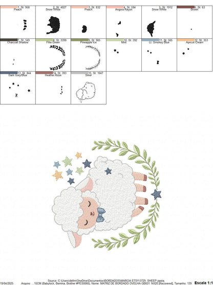 Male Sheep embroidery design - Lamb with stars and laurel frame machine embroidery pattern - Newborn Baby boy file - Instant download pes