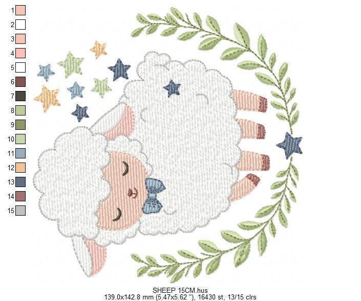 Male Sheep embroidery design - Lamb with stars and laurel frame machine embroidery pattern - Newborn Baby boy file - Instant download pes