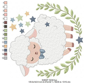 Male Sheep embroidery design - Lamb with stars and laurel frame machine embroidery pattern - Newborn Baby boy file - Instant download pes