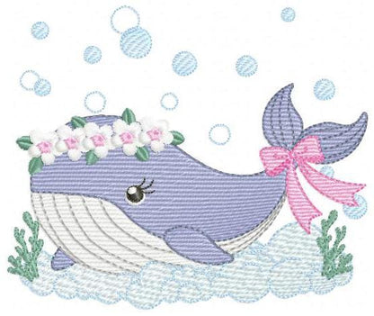 Whale embroidery designs - Whale with flowers marine life machine embroidery pattern - Baby Girl Ocean animal file - Instant download pes