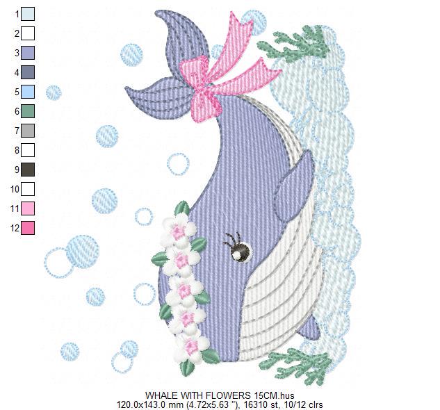 Whale embroidery designs - Whale with flowers marine life machine embroidery pattern - Baby Girl Ocean animal file - Instant download pes