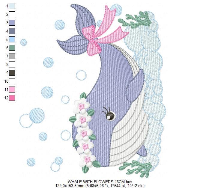 Whale embroidery designs - Whale with flowers marine life machine embroidery pattern - Baby Girl Ocean animal file - Instant download pes