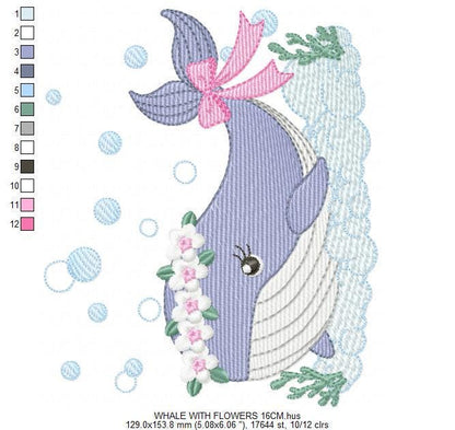 Whale embroidery designs - Whale with flowers marine life machine embroidery pattern - Baby Girl Ocean animal file - Instant download pes