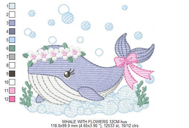 Whale embroidery designs - Whale with flowers marine life machine embroidery pattern - Baby Girl Ocean animal file - Instant download pes