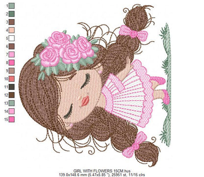 Baby girl embroidery designs - Girl with long hair braids and roses machine embroidery pattern - Princess with flower - Instant download pes
