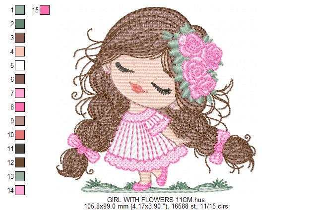 Baby girl embroidery designs - Girl with long hair braids and roses machine embroidery pattern - Princess with flower - Instant download pes