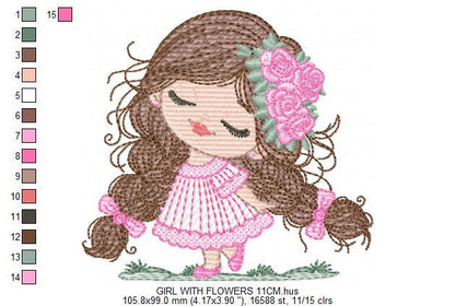 Baby girl embroidery designs - Girl with long hair braids and roses machine embroidery pattern - Princess with flower - Instant download pes