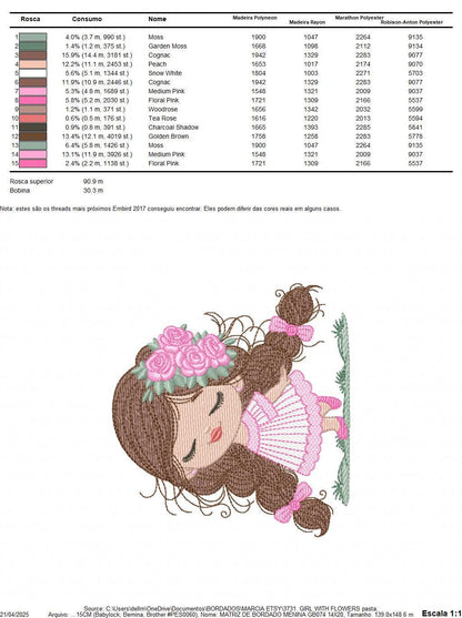 Baby girl embroidery designs - Girl with long hair braids and roses machine embroidery pattern - Princess with flower - Instant download pes