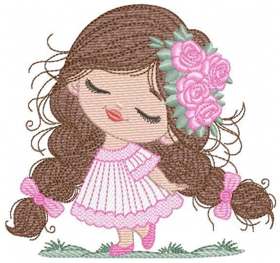Baby girl embroidery designs - Girl with long hair braids and roses machine embroidery pattern - Princess with flower - Instant download pes