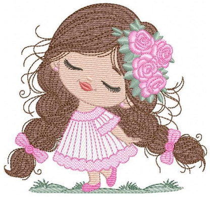 Baby girl embroidery designs - Girl with long hair braids and roses machine embroidery pattern - Princess with flower - Instant download pes