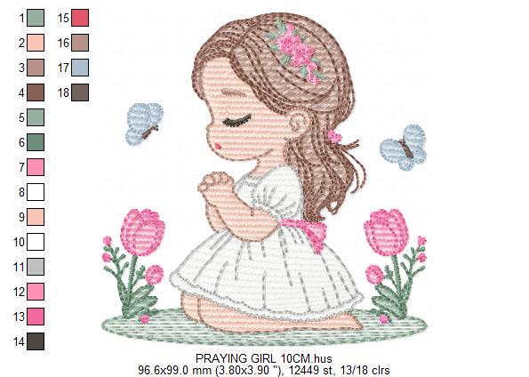 Praying girl embroidery designs - First Communion Girl down on her knees machine embroidery pattern - Christian file - Instant download