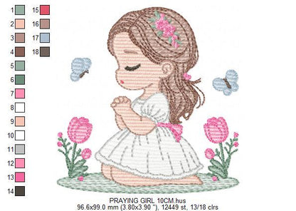Praying girl embroidery designs - First Communion Girl down on her knees machine embroidery pattern - Christian file - Instant download