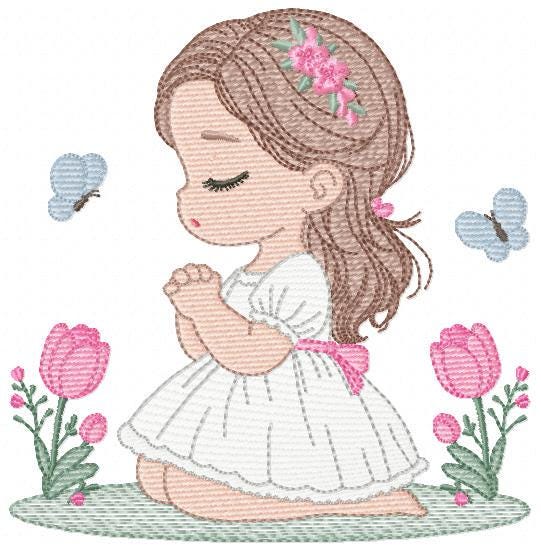 Praying girl embroidery designs - First Communion Girl down on her knees machine embroidery pattern - Christian file - Instant download