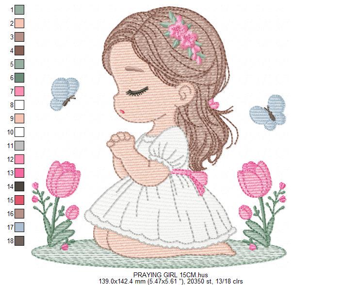 Praying girl embroidery designs - First Communion Girl down on her knees machine embroidery pattern - Christian file - Instant download