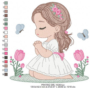 Praying girl embroidery designs - First Communion Girl down on her knees machine embroidery pattern - Christian file - Instant download