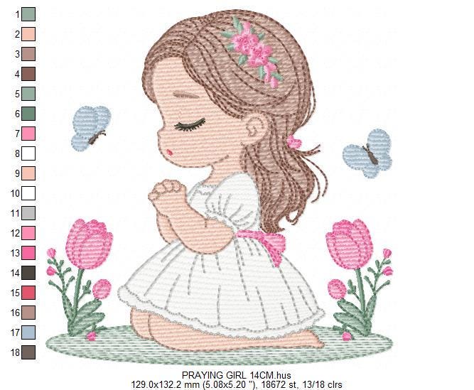 Praying girl embroidery designs - First Communion Girl down on her knees machine embroidery pattern - Christian file - Instant download