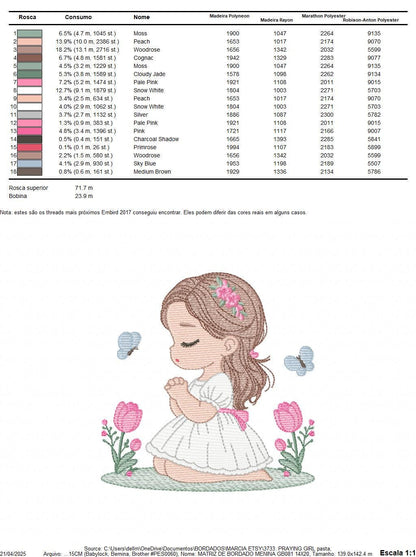 Praying girl embroidery designs - First Communion Girl down on her knees machine embroidery pattern - Christian file - Instant download