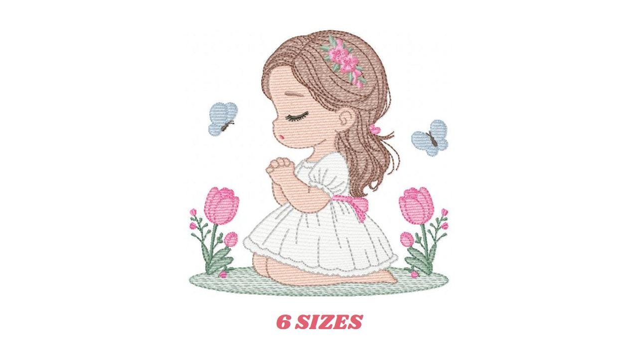 Praying girl embroidery designs - First Communion Girl down on her knees machine embroidery pattern - Christian file - Instant download