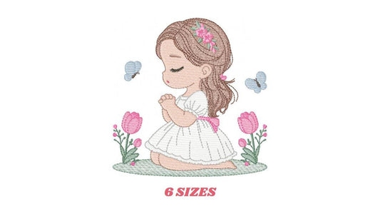 Praying girl embroidery designs - First Communion Girl down on her knees machine embroidery pattern - Christian file - Instant download