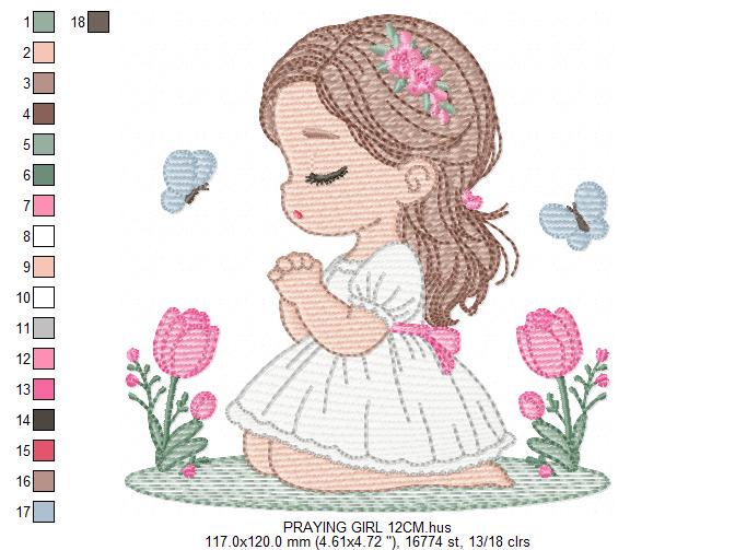 Praying girl embroidery designs - First Communion Girl down on her knees machine embroidery pattern - Christian file - Instant download