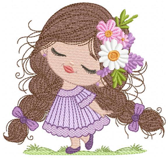 Baby girl embroidery designs - Princess with long hair with braids and flowers machine embroidery pattern - Instant digital download pes