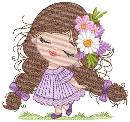 Baby girl embroidery designs - Princess with long hair with braids and flowers machine embroidery pattern - Instant digital download pes