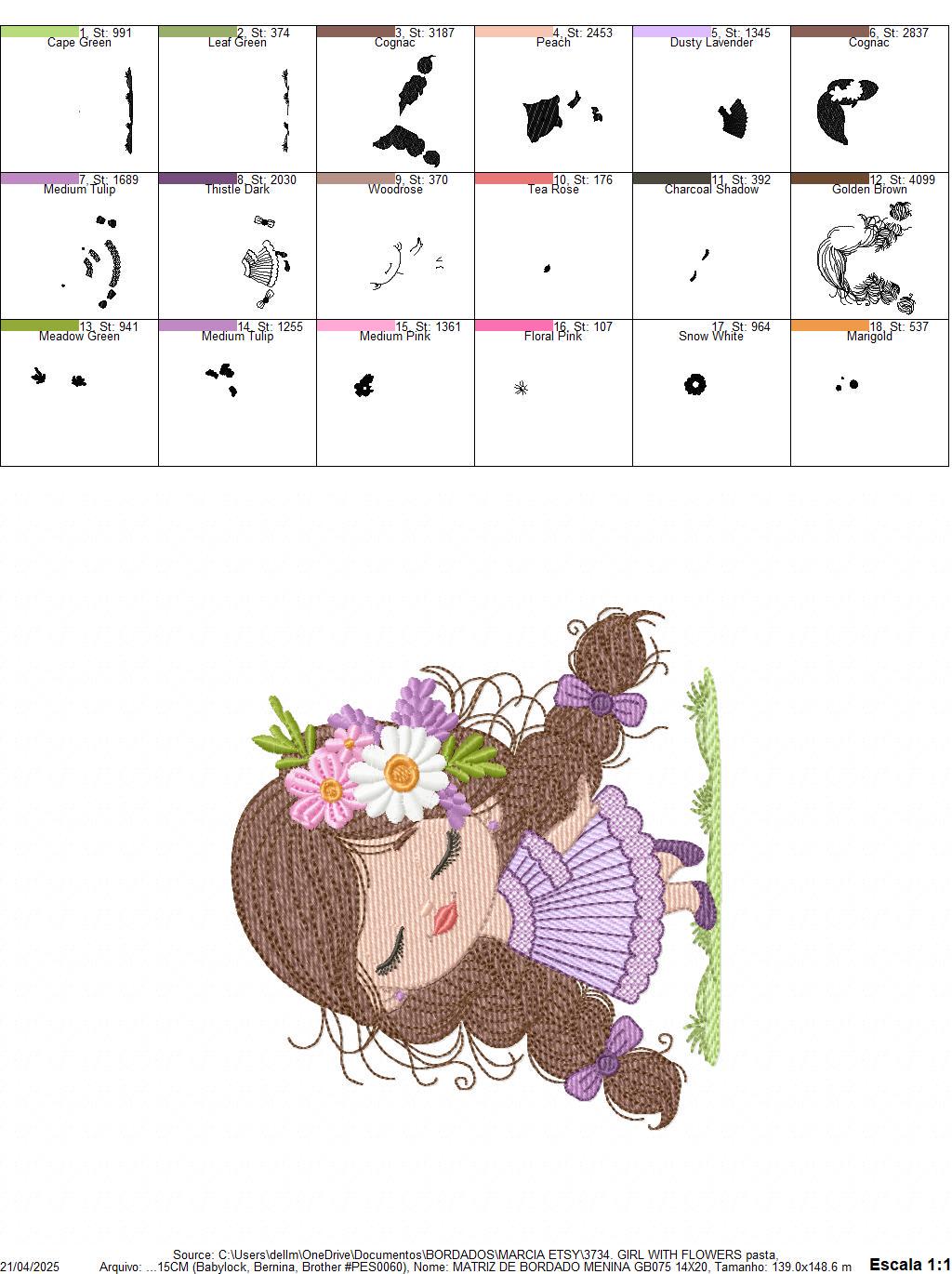 Baby girl embroidery designs - Princess with long hair with braids and flowers machine embroidery pattern - Instant digital download pes