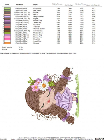 Baby girl embroidery designs - Princess with long hair with braids and flowers machine embroidery pattern - Instant digital download pes