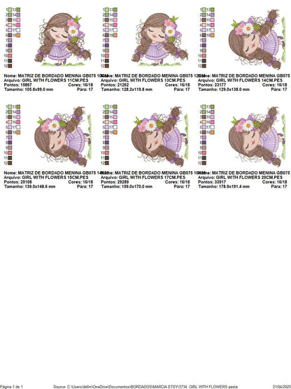 Baby girl embroidery designs - Princess with long hair with braids and flowers machine embroidery pattern - Instant digital download pes