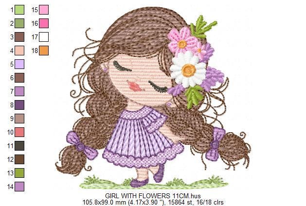 Baby girl embroidery designs - Princess with long hair with braids and flowers machine embroidery pattern - Instant digital download pes