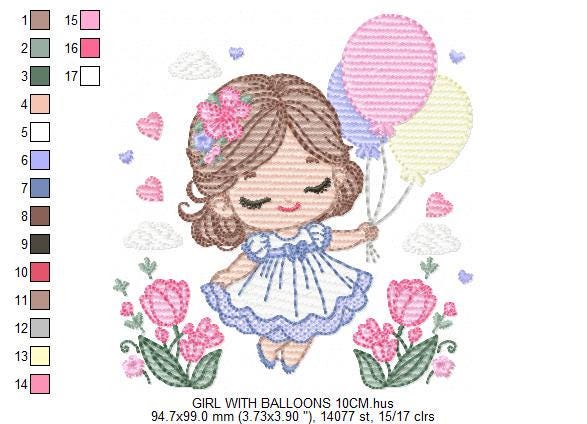 Baby girl with balloons embroidery designs - Birthday Party Girl machine embroidery pattern - Girl with flowers file - Instant download pes