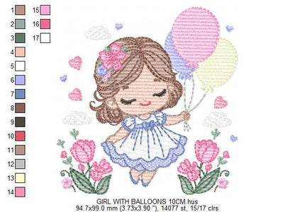 Baby girl with balloons embroidery designs - Birthday Party Girl machine embroidery pattern - Girl with flowers file - Instant download pes