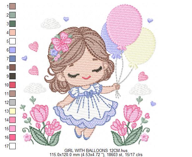 Baby girl with balloons embroidery designs - Birthday Party Girl machine embroidery pattern - Girl with flowers file - Instant download pes