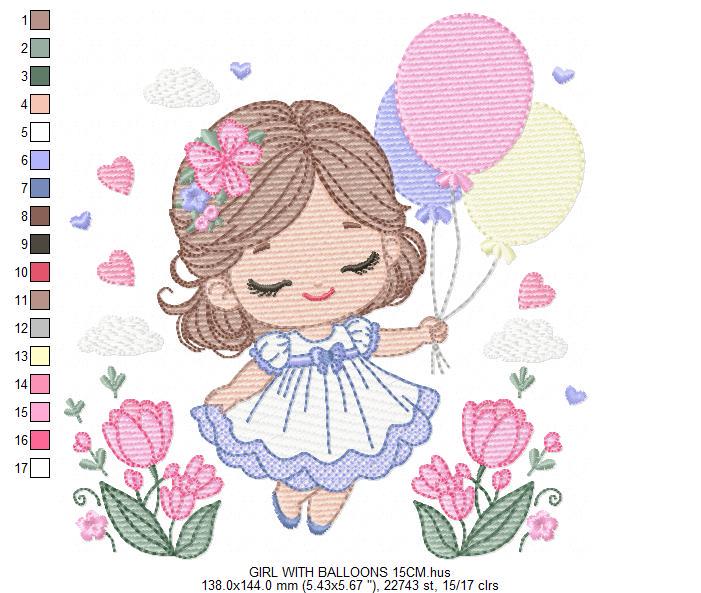 Baby girl with balloons embroidery designs - Birthday Party Girl machine embroidery pattern - Girl with flowers file - Instant download pes
