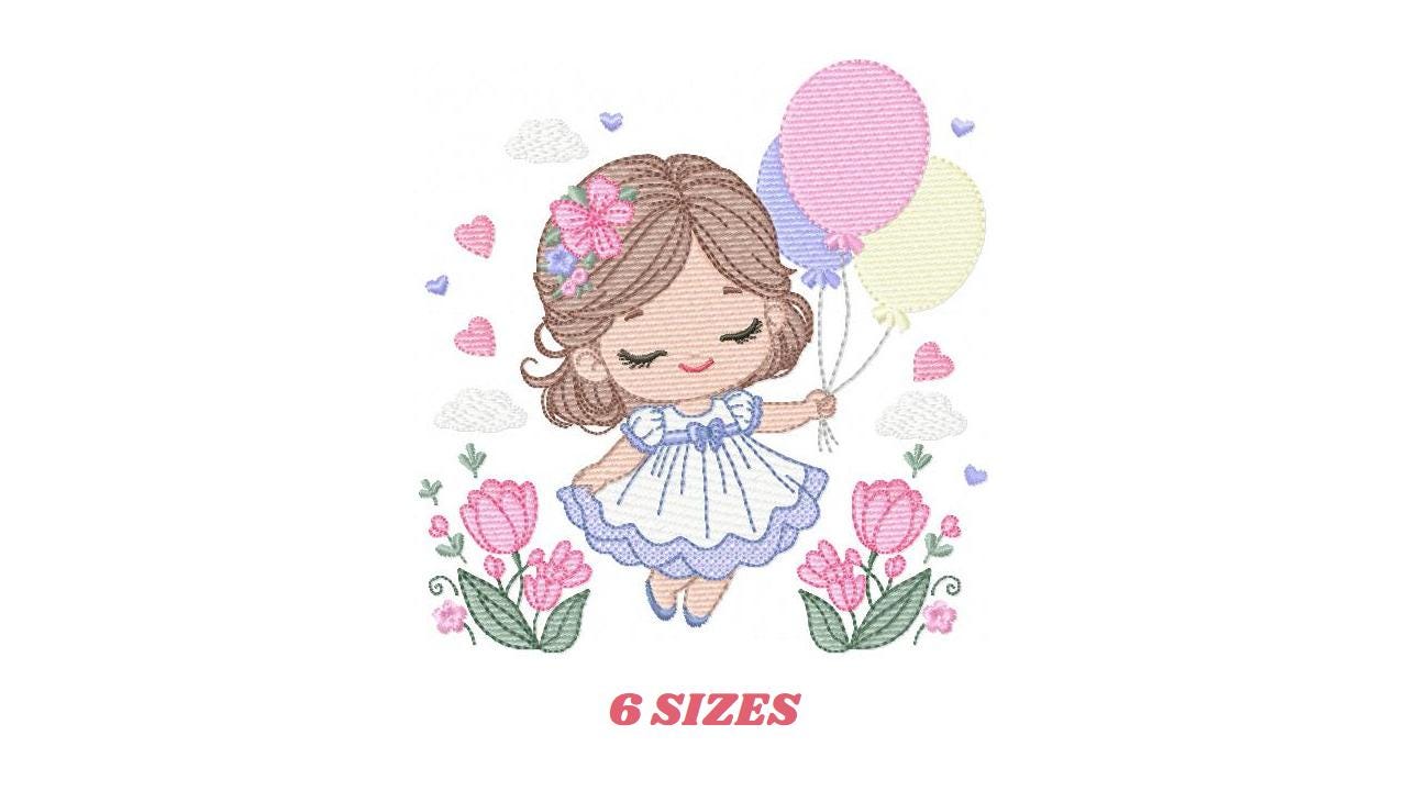 Baby girl with balloons embroidery designs - Birthday Party Girl machine embroidery pattern - Girl with flowers file - Instant download pes