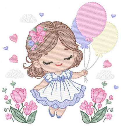 Baby girl with balloons embroidery designs - Birthday Party Girl machine embroidery pattern - Girl with flowers file - Instant download pes