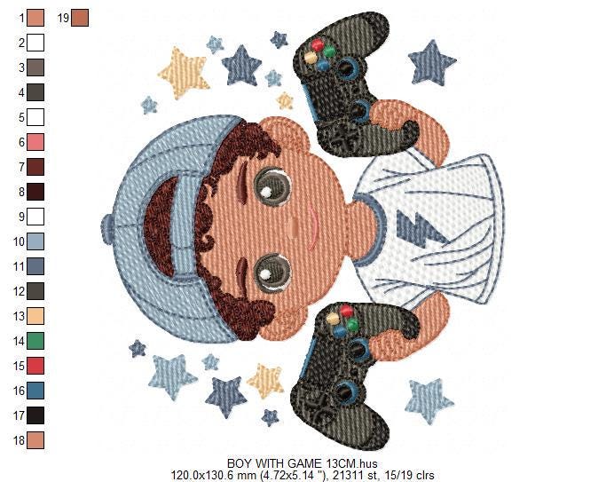 Boy with videogame embroidery designs - Baby Boy gamer with cap machine embroidery pattern - Instant digital download pes jef dst hus vp3