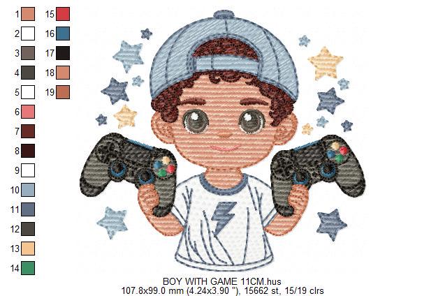 Boy with videogame embroidery designs - Baby Boy gamer with cap machine embroidery pattern - Instant digital download pes jef dst hus vp3