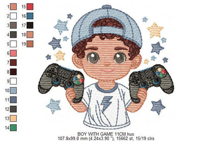 Boy with videogame embroidery designs - Baby Boy gamer with cap machine embroidery pattern - Instant digital download pes jef dst hus vp3