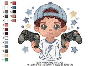 Boy with videogame embroidery designs - Baby Boy gamer with cap machine embroidery pattern - Instant digital download pes jef dst hus vp3