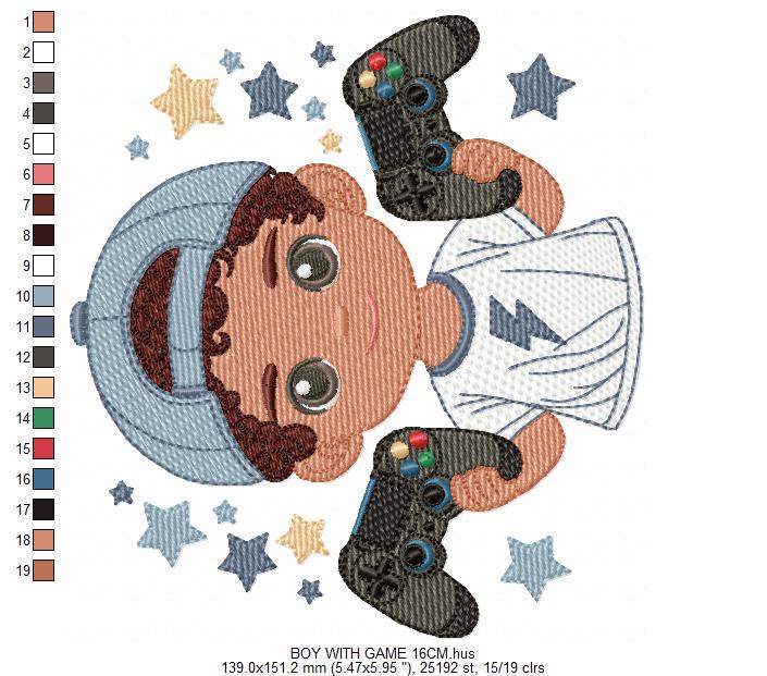 Boy with videogame embroidery designs - Baby Boy gamer with cap machine embroidery pattern - Instant digital download pes jef dst hus vp3